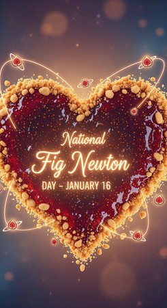 A heart-shaped cookie resembling a Fig Newton is the central focus. The cookie has a golden crumbly crust and a dark, glistening fig filling. Around the heart, stylized illustrations of figs orbit on glowing orange lines, reminiscent of atomic orbits. The background is a dark, blurred bokeh effect with glowing particles. Text reads "National Fig Newton DAY - JANUARY 16".の素材