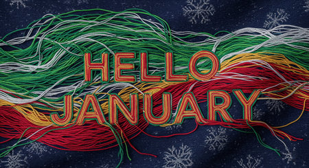 The words "HELLO JANUARY" are prominently displayed in a textured, embroidered style, appearing to be woven through a chaotic yet artistic arrangement of colorful threads. The threads are predominantly green, red, yellow, and white, set against a dark blue background patterned with white snowflakes. The overall effect is a vibrant and tactile representation of the month, suggesting a handcrafted or artistic approach to welcoming January.の素材