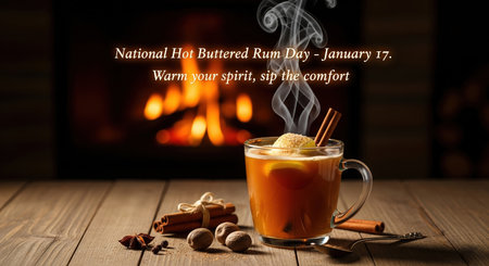 A steaming mug of hot buttered rum sits on a rustic wooden table in front of a warm, glowing fireplace. Cinnamon sticks, star anise, nutmeg, and a slice of lemon are arranged around the mug, suggesting the ingredients for this comforting winter beverage. The text announces National Hot Buttered Rum Day on January 17th, inviting viewers to "Warm your spirit, sip the comfort."の素材