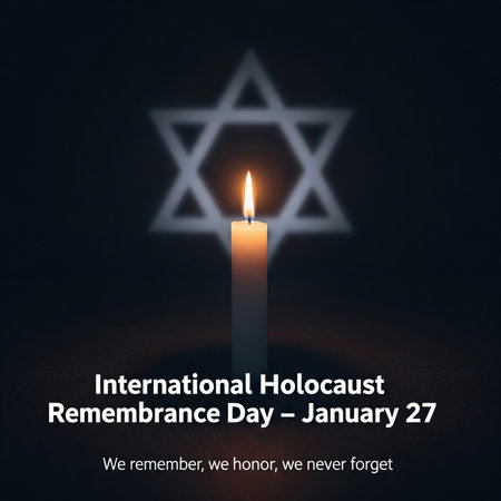 A single lit candle glows brightly in the foreground, casting a warm light. Behind it, a blurred outline of the Star of David, a significant symbol of Judaism, is visible against a dark, muted background. Text below reads "International Holocaust Remembrance Dayの素材