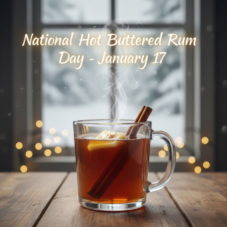 A clear glass mug filled with hot buttered rum, garnished with a cinnamon stick and lemon slice, sits on a wooden surface. In the background, a window shows a snowy scene with blurred festive lights, creating a cozy atmosphere. The text "National Hot Buttered Rum Day - January 17" is overlaid, evoking a sense of warmth and celebration during winter.の素材