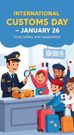 An illustration for International Customs Day on January 26th, depicting a customs officer with a magnifying glass inspecting an open suitcase at a counter. Several people with luggage are waiting, holding flags from India, France, and Japan, symbolizing international cooperation and travel.の素材
