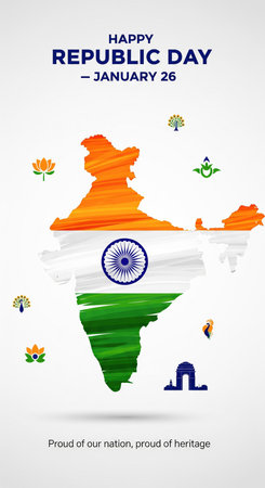 This graphic illustration features the map of India rendered in the colors of the Indian flag: saffron, white, and green. The Ashoka Chakra is placed in the center of the white band. Various national symbols, including lotus flowers, a peacock, and a silhouette of India Gate, are scattered around the map. The clean white background emphasizes the central imagery, conveying a sense of national pride and heritage. The text "HAPPY REPUBLIC DAY - JANUARY 26" and "Proud of our nation, proud of...の素材