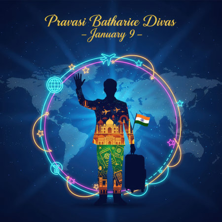 A stylized silhouette of a person holding a suitcase and waving stands against a dark world map background. The silhouette is filled with iconic Indian landmarks, passport stamps, and the Indian flag. A vibrant neon ring with stars and airplane icons encircles the figure, suggesting global travel and connection. The text "Pravasi Bharatiya Divas - January 9 -" is displayed prominently.の素材