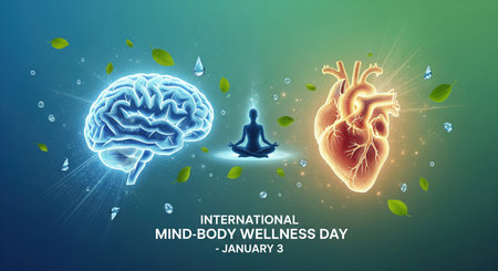 This image visually represents International Mind-Body Wellness Day on January 3rd. It features a glowing blue human brain on the left and a glowing orange human heart on the right, symbolizing the mind and body. In the center, a silhouetted figure meditates in a lotus position, surrounded by subtle light effects. Green leaves and water droplets float around the central elements, suggesting nature and purity. The background is a gradient of blue and green, creating a serene and calming...の素材