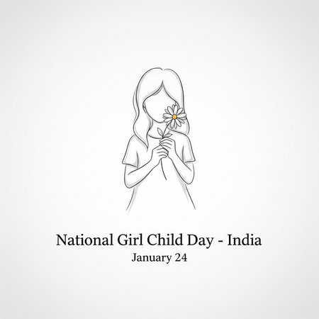 A minimalist line art illustration depicts a young girl with her face obscured, holding a single daisy flower with a yellow center and white petals. She is wearing a simple t-shirt. The artwork is set against a plain white background with a subtle gradient. Text below reads "National Girl Child Day - India January 24".の素材