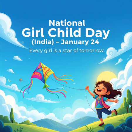 A cheerful young girl with dark hair is joyfully flying a large, colorful kite in a bright, sunny sky. She is running across a green, rolling landscape dotted with trees and flowers. The kite, adorned with geometric patterns, soars high above, its streamers trailing in the wind. The sun shines brightly, casting a warm glow. The text "National Girl Child Day (India) - January 24" and "Every girl is a star of tomorrow." is prominently displayed.の素材