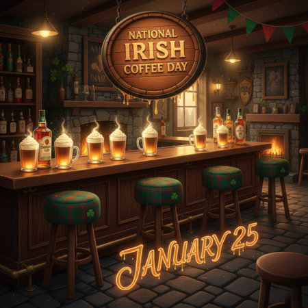 An interior view of a cozy bar decorated for National Irish Coffee Day. A wooden bar is lined with glasses of Irish coffee topped with whipped cream. Tartan-covered stools with shamrock accents are arranged at the counter. A wooden sign reads "National Irish Coffee Day" and a neon sign displays "JANUARY 25". A fireplace glows in the background.の素材