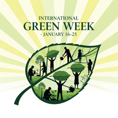 This illustration depicts the concept of International Green Week, celebrated from January 16-25. A large leaf silhouette contains a scene of people, including adults and children, engaged in planting trees and watering plants. The background features radiating lines in shades of yellow and green, symbolizing growth and environmental focus.の素材