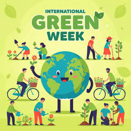 A vibrant, cartoon-style illustration for International Green Week depicts a cheerful Earth character surrounded by people engaged in eco-friendly activities. Individuals are shown planting trees, watering plants, and riding bicycles, promoting environmental awareness and sustainability.の素材