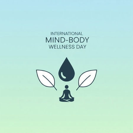 This minimalist graphic illustrates International Mind-Body Wellness Day. At the center, a dark blue silhouette of a person meditates in a lotus position. Above the figure, a single dark blue water drop hangs, symbolizing purity and life. Two stylized green leaves are positioned on either side of the meditating figure, representing nature and growth. The background is a soft gradient transitioning from light blue to light green, creating a serene and calming visual.の素材