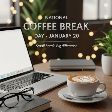 A warm and inviting scene of a workspace set up for a coffee break. A laptop, a cup of latte with art, a pair of glasses, and a notebook are arranged on a wooden desk. Soft bokeh lights and greenery are visible in the blurred background, creating a cozy atmosphere. The text "NATIONAL COFFEE BREAK DAY - JANUARY 20" and "Small break. Big difference." is overlaid on the image.の素材