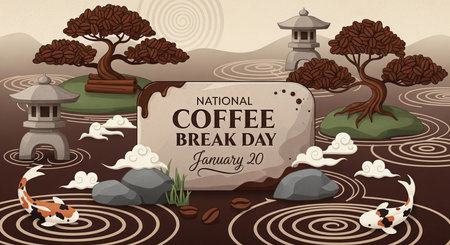 An illustrated scene depicts a stylized Japanese garden. Two bonsai trees, with leaves made of coffee beans, sit on small islands. Stone pagodas and rocks are placed in water with circular ripple patterns. Two koi fish swim in the water. The text "NATIONAL COFFEE BREAK DAY January 20" is centrally placed on a light brown sign with dripping coffee accents. Small white clouds float around the scene.の素材