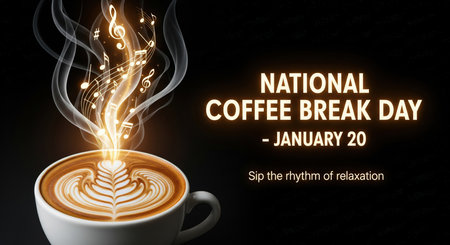 A close-up view of a white coffee cup filled with a latte featuring intricate foam art. Golden, glowing musical notes and abstract shapes rise from the cup, intertwined with wisps of steam, against a dark black background. Text on the right side announces "NATIONAL COFFEE BREAK DAY - JANUARY 20" and "Sip the rhythm of relaxation."の素材