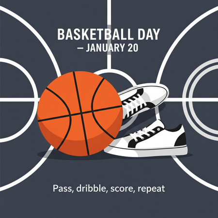 A graphic illustration for Basketball Day on January 20th. An orange basketball with black lines is positioned next to a pair of white and black athletic sneakers. They are placed on a dark blue basketball court with white court lines, including a partial circle representing a hoop. The text "BASKETBALL DAY - JANUARY 20" is prominent, with the tagline "Pass, dribble, score, repeat."の素材