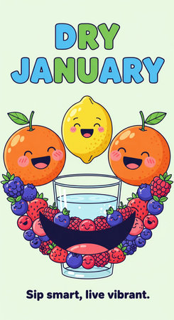 A cheerful and colorful illustration for "Dry January" with the tagline "Sip smart, live vibrant." Two smiling cartoon oranges and a smiling lemon form the top of a face-like structure. Below them, a glass of water is surrounded by a variety of berries and fruits, including blueberries, raspberries, and strawberries, arranged to resemble a mouth. The overall design is playful and promotes a healthy, vibrant lifestyle.の素材