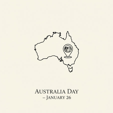 A minimalist graphic for Australia Day features a simple outline of the Australian continent. A location pin icon, containing a small Australian flag, is placed within the map, indicating a specific point. The text "AUSTRALIA DAY - JANUARY 26" is displayed below the map on a clean, light-colored background, conveying a modern and straightforward message for the national holiday.の素材