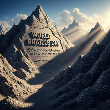 A surreal mountain landscape is textured with braille dots. The words "WORLD BRAILLE DAY" and "Reading beyond sight, seeing through touch" are inscribed on the largest mountain peak. Sunlight streams through the valleys, casting shadows and highlighting the braille patterns. This image creatively represents braille as a fundamental element of the world.の素材