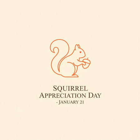 A clean and minimalist design for Squirrel Appreciation Day. It features a simple orange line art illustration of a squirrel holding an acorn against a soft beige background. Below the illustration, the text "SQUIRREL APPRECIATION DAY - JANUARY 21" is displayed in a classic font. The overall aesthetic is understated and elegant.の素材