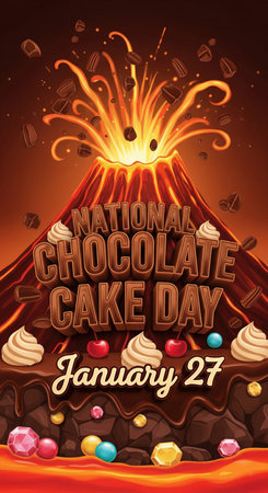 A vibrant illustration depicts a chocolate volcano erupting with molten chocolate and chocolate chunks. The words "NATIONAL CHOCOLATE CAKE DAY" are prominently displayed in 3D chocolate lettering across the volcano's slope. Below, "January 27" is written in a festive script. The foreground features a cascade of chocolate frosting, colorful candy gems, and swirls of cream, evoking a celebratory and indulgent theme for the holiday.の素材