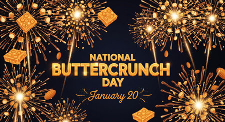 This image commemorates National Buttercrunch Day on January 20 with a dazzling display of fireworks and buttercrunch candy. Golden buttercrunch pieces, some with visible almonds, are scattered around the frame. Bright, golden fireworks explode in the dark background, creating a festive and celebratory atmosphere. The text "NATIONAL BUTTERCRUNCH DAY January 20" is prominently featured.の素材