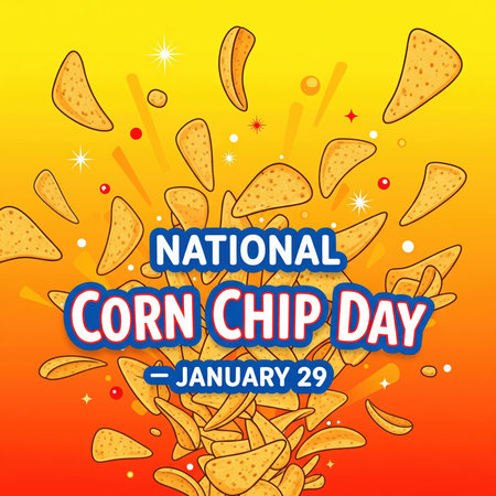 An energetic graphic for National Corn Chip Day on January 29th. Numerous corn chips are depicted exploding and flying outwards from a central point against a bright, gradient background of yellow, orange, and red. The text "NATIONAL CORN CHIP DAY - JANUARY 29" is presented in bold, stylized lettering. The image conveys a sense of excitement and abundance, highlighting the popular snack.の素材