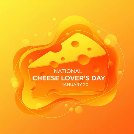 A bright and festive graphic celebrating National Cheese Lovers Day on January 20th. The image features a stylized slice of Swiss cheese with prominent holes, set against a vibrant orange and yellow gradient background with abstract fluid shapes and bokeh-like circles. The text "NATIONAL CHEESE LOVER'S DAY - JANUARY 20" is clearly displayed on the cheese slice.の素材