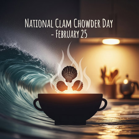 An artistic and dramatic representation for National Clam Chowder Day on February 25th. A large, powerful wave crashes on the left, while a dark silhouette of a bowl filled with steaming chowder sits in the foreground. Three glowing seashells are depicted rising from the steam, with a blurred kitchen interior in the background.の素材