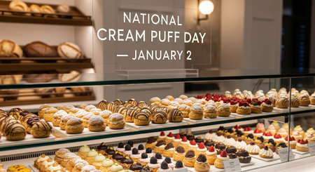 A tempting display of assorted cream puffs and other delicate pastries fills a refrigerated bakery display case for National Cream Puff Day on January 2nd. Various toppings like fresh berries, chocolate drizzle, and powdered sugar adorn the cream puffs, alongside other sweet treats. Loaves of bread are visible on shelves in the background, creating an inviting bakery atmosphere.の素材