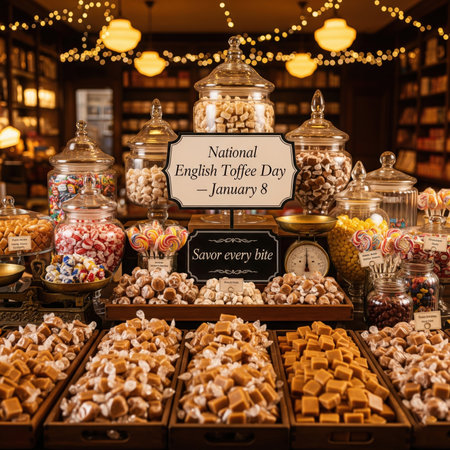 A bountiful display of assorted candies and toffees, celebrating National English Toffee Day on January 8. Various glass jars and wooden trays are filled with different types of toffee, caramels, lollipops, and other sweets. The background suggests a charming, old-fashioned candy shop with shelves of goods and warm lighting.の素材