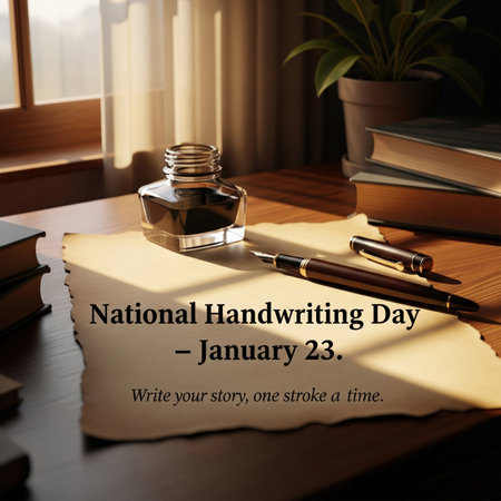 An atmospheric scene on a wooden desk featuring an inkwell, a fountain pen, and a piece of aged, torn paper with the text "National Handwriting Day - January 23." Sunlight streams in from a window, casting shadows and highlighting the textures of the paper and writing tools. A stack of books and a potted plant add to the scholarly ambiance.の素材