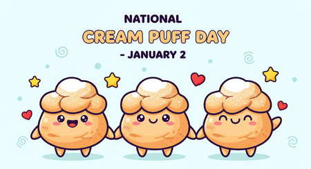 A delightful illustration for National Cream Puff Day on January 2nd, featuring three adorable, cartoon-style cream puff characters holding hands. They have happy, smiling faces and are adorned with small hearts and stars. The background is a soft, light blue with subtle swirl patterns. The text "NATIONAL CREAM PUFF DAY" and the date are displayed at the top.の素材