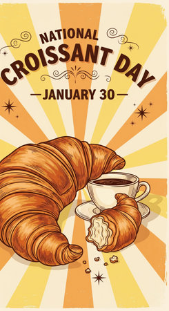 A vintage-style illustration for National Croissant Day on January 30th. A large, detailed croissant is positioned on the left, next to a cup of coffee and a smaller, partially eaten croissant on the right. The background features a warm-toned sunburst pattern with radiating orange and yellow stripes. The text "NATIONAL CROISSANT DAY - JANUARY 30" is displayed in a retro font.の素材