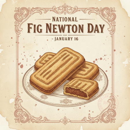 A vintage-style illustration celebrating National Fig Newton Day on January 16. The image features a plate with three fig newton cookies, one of which is broken open to reveal the fig filling. The illustration is framed by an ornate, decorative border and has a sepia-toned, parchment-like background with subtle speckles.の素材