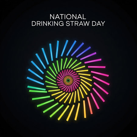 A black background showcases a vibrant spiral pattern formed by numerous colorful drinking straws. The straws are arranged in a radial pattern, glowing with neon-like colors including blue, purple, pink, yellow, green, and orange. White text at the top reads "NATIONAL DRINKING STRAW DAY".の素材