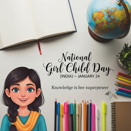 An illustration for National Girl Child Day in India, celebrated on January 24. The image features a smiling cartoon girl with braided hair, an open book, a globe, and a collection of colorful pens and pencils arranged on a white surface. Text reads "National Girl Child Day (INDIA) - JANUARY 24" and "Knowledge is her superpower."の素材