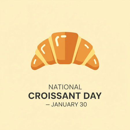A flat design illustration of a golden brown croissant with highlights, set against a pale yellow background. Below the croissant, text reads "NATIONAL CROISSANT DAY" in bold black letters, with "の素材
