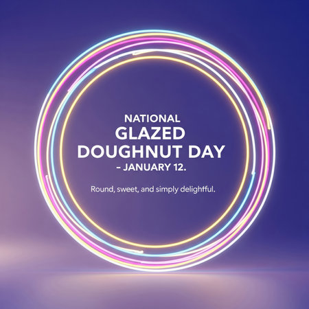 A graphic design for National Glazed Doughnut Day on January 12. A vibrant, glowing neon circle composed of multiple colored rings dominates the center. Inside the circle, text reads "NATIONAL GLAZED DOUGHNUT DAY - JANUARY 12." and a tagline "Round, sweet, and simply delightful." The background is a smooth purple to blue gradient.の素材