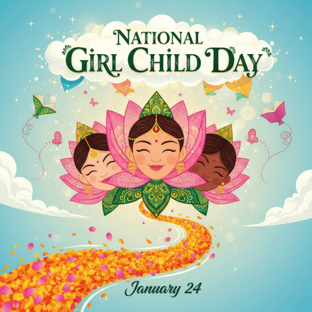 An illustrative representation of National Girl Child Day on January 24th in India. Three young girls' faces, depicted in a traditional Indian style, emerge from a large pink lotus flower. A path made of scattered orange and pink petals leads towards the viewer. The sky is filled with clouds, butterflies, kites, and small flying books, symbolizing education and dreams. The text "NATIONAL Girl Child Day" is prominently displayed at the top, with "January 24" at the bottom.の素材