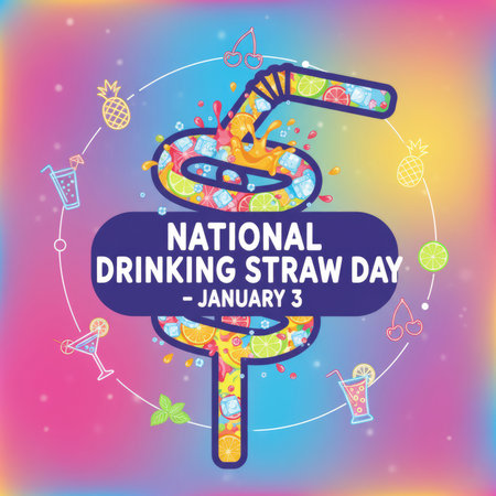 A whimsical and colorful illustration celebrating National Drinking Straw Day on January 3rd. The central focus is a large, stylized drinking straw adorned with various fruits like oranges, limes, and cherries, with splashes of liquid and ice cubes. Surrounding the straw are smaller icons of cocktails, pineapples, and cherries, all set against a vibrant, gradient background.の素材