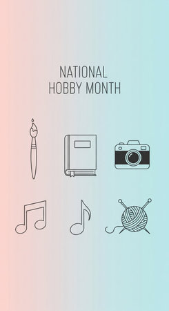 A vertical graphic displaying various icons representing hobbies against a soft pink to blue gradient background. The icons include a paintbrush, a book, a camera, musical notes, and a ball of yarn with knitting needles. The text "NATIONAL HOBBY MONTH" is centered at the top.の素材