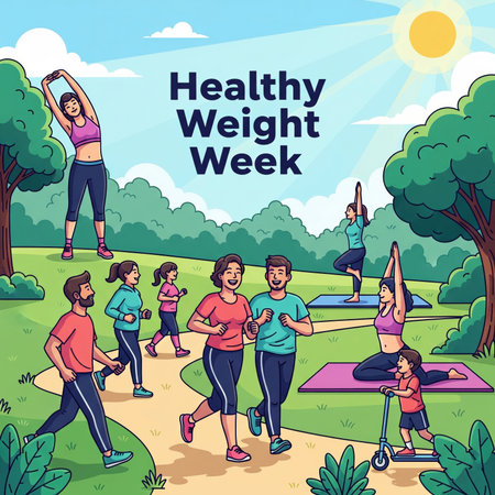 This illustration depicts various people of different ages engaging in physical activities in a park setting to celebrate Healthy Weight Week. Individuals are shown running, stretching, practicing yoga, and riding a scooter. The scene is set under a sunny sky with trees and clouds, emphasizing a healthy and active lifestyle. The text "Healthy Weight Week" is prominently displayed.の素材