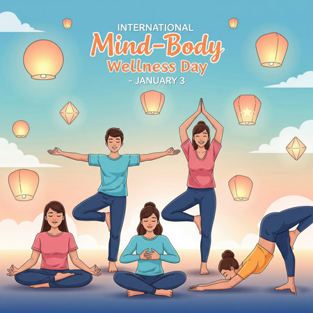 Several people are depicted in various yoga and meditation poses against a backdrop of a twilight sky with floating lanterns. The text "INTERNATIONAL Mind-Body Wellness Day - JANUARY 3" is prominently displayed. The image conveys a sense of peace and holistic well-being.の素材