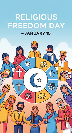 A vibrant illustration depicts people from various religious backgrounds holding hands around a circular emblem featuring symbols of different faiths. The text "RELIGIOUS FREEDOM DAY - JANUARY 16" is prominently displayed. This image represents religious tolerance and unity.の素材
