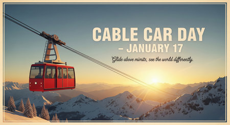 A vintage-style illustration depicts a red cable car ascending a majestic, snow-covered mountain range at sunrise. The sun's golden rays cast a warm glow over the peaks and valleys, while evergreen trees dot the lower slopes. The text "Cable Car Day - January 17" and a tagline "Glide above mists, see the world differently" are prominently displayed.の素材