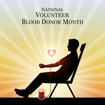 The silhouette of a man is depicted sitting in a donation chair, with his arm extended and connected to a blood bag via tubing. A glowing red heart symbol is positioned above his arm. The background features a bright yellow and orange sunburst pattern with radiating lines, creating a sense of warmth and hope. The text "NATIONAL VOLUNTEER BLOOD DONOR MONTH" is displayed at the top.の素材