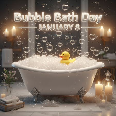 A white, ornate bathtub is filled to the brim with overflowing white bubbles. A classic yellow rubber duck floats cheerfully amidst the foam. Heart-shaped bubbles drift upwards, adding a whimsical touch. The scene is set in a dimly lit bathroom with glowing candles on a shelf and a small vase of flowers, creating a warm and inviting atmosphere for Bubble Bath Day on January 8.の素材