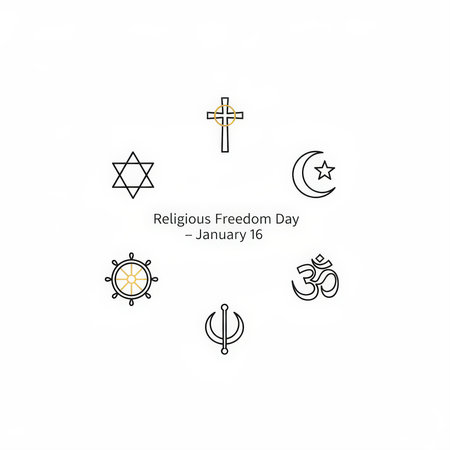 A minimalist graphic displays various religious symbols arranged in a circular pattern around the text "Religious Freedom Day - January 16". The symbols include a Christian cross, a Star of David, a crescent moon and star, a Dharma wheel, an Om symbol, and a Kirpan. The background is plain white, highlighting the clean lines of the icons.の素材