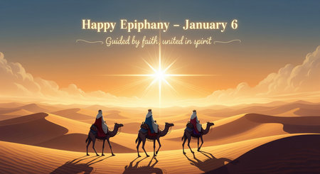 A breathtaking desert landscape at sunrise or sunset, with rolling sand dunes casting long shadows. Three figures on camels, representing the Three Wise Men, are journeying across the scene, silhouetted against the warm, golden light. A brilliant, star-like light source shines brightly in the sky, casting a radiant glow. The text "Happy Epiphany - January 6" and "Guided by faith, united in spirit" are overlaid on the image.の素材