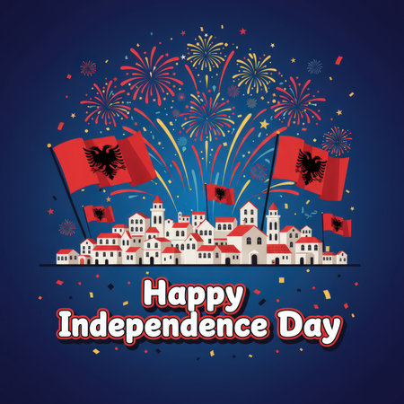 This graphic illustration celebrates Albania's Independence Day with a festive scene. A charming cityscape with white buildings and red roofs is illuminated by a spectacular display of colorful fireworks in a dark blue night sky. Several Albanian flags, each bearing the black double-headed eagle, are prominently displayed throughout the town. Confetti scatters across the scene, adding to the celebratory atmosphere. The text "Happy Independence Day" is at the bottom.の素材